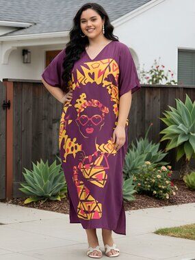 Women Plus Size Maroon Caftan Dress Summer Wear Polyester Maxi Dresses for Party